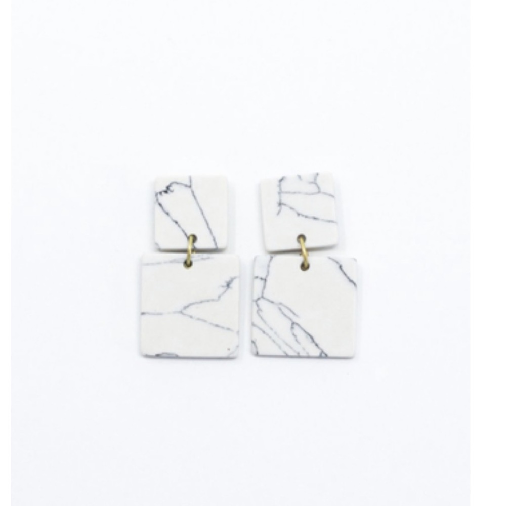 Square Biz White Marble Earrings
